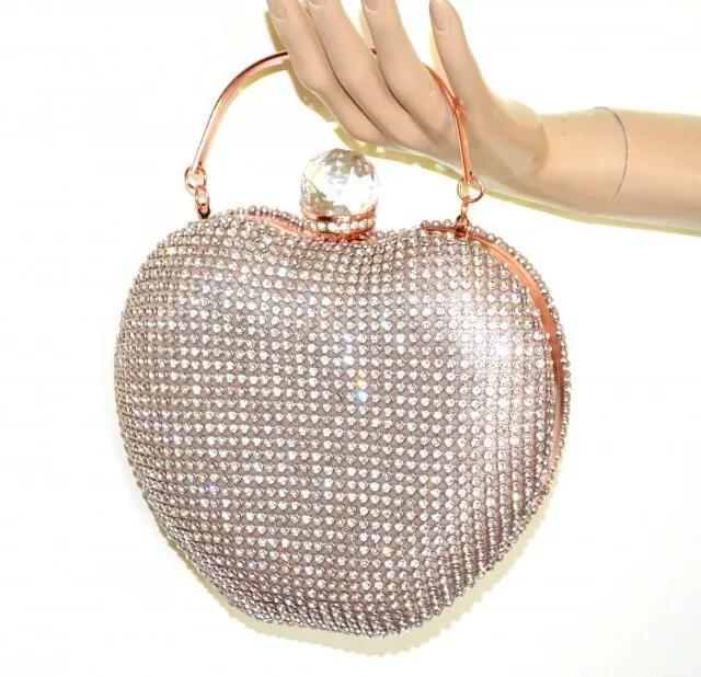 Pochette femme or rose clutch rigide strass cristaux coeur sac élégante bag UG50