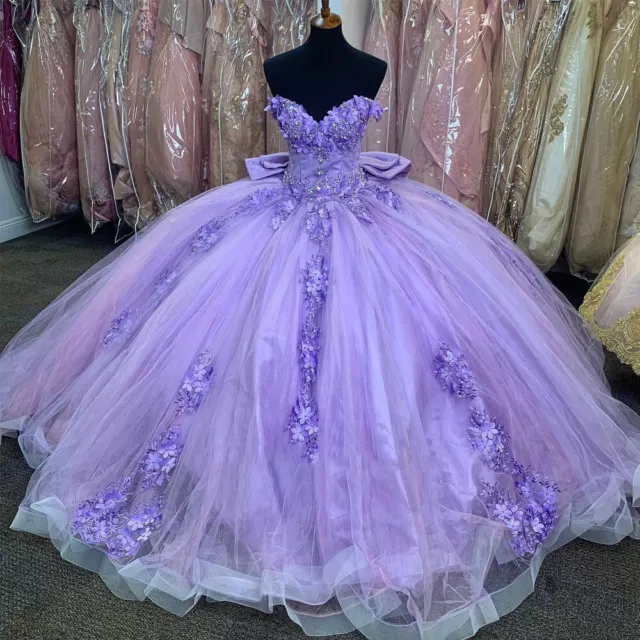 Vestidos de quinceañera lila dulce 15 con cuentas al hombro 3D flores vestidos De