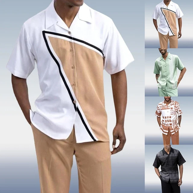 Uomo Tuta Imposta Abiti 2 PZ Casual Bottoni Manica Corta Camicia