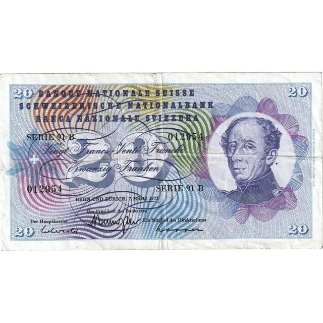 [#636130] Banknote, Switzerland, 20 Franken, 1973, 1973-03-07, KM:46u, VF(30-35)