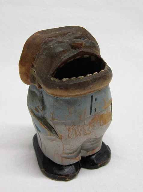Vtg Big Mouth Hand Carved Wooden Toothpick Match Holder Figurine Plug On Bottom