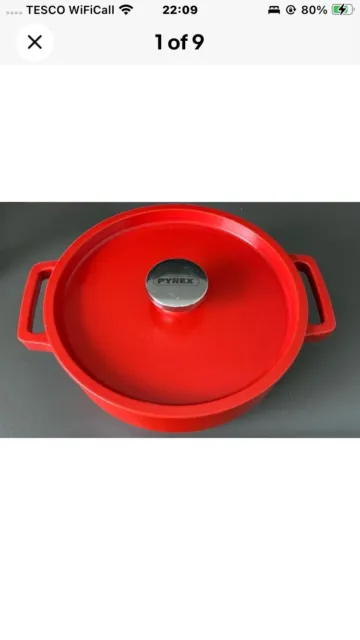 Red cast-iron Pyrex casserole dish