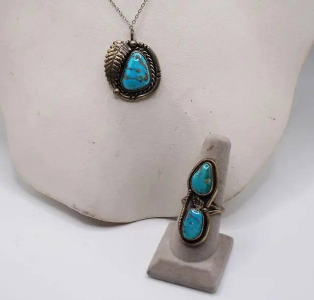 Sterling Silver & Turquoise Southwest Ring & Necklace Set