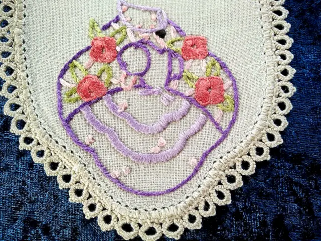 Gorgeous Purple Crinoline Lady, Tatted Vintage Hand Embroidered Sandwich Doily