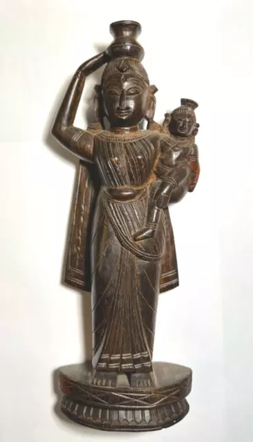 Vintage Hand Carved Wood South Indian Statue - Yashoda & Baby Krishna 31 cm RARE