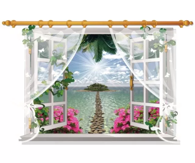 US STOCK Wall Sticker 3D Window Landscape Island Living Room Bedroom Decal Lobby