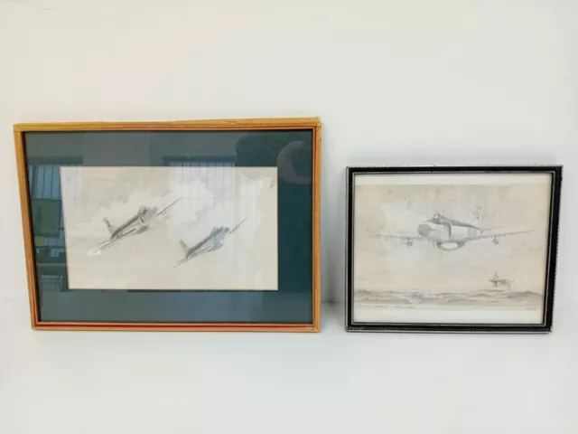 x2 Vintage Framed Pencil Drawings of RAF Planes - OF169