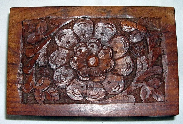 Vintage HAND CARVED WOOD Metal Trim BOX MADE IN INDIA with Coins & Tokens