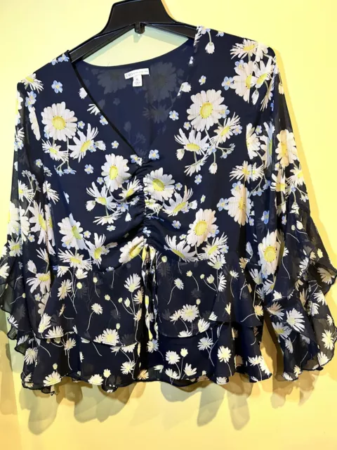 CATO Women’s 3/4 Sleeve Blouse Top Navy Blue Floral Daisy Size XL