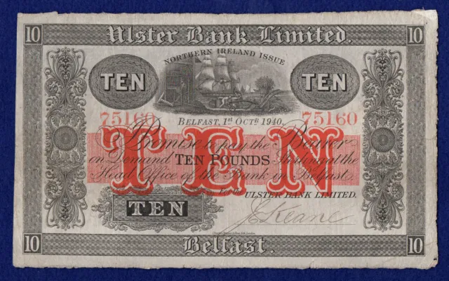 Northern Ireland Ulster Bank 1940 Ten Pounds, 10 Pound Banknote (Ref. b1290)