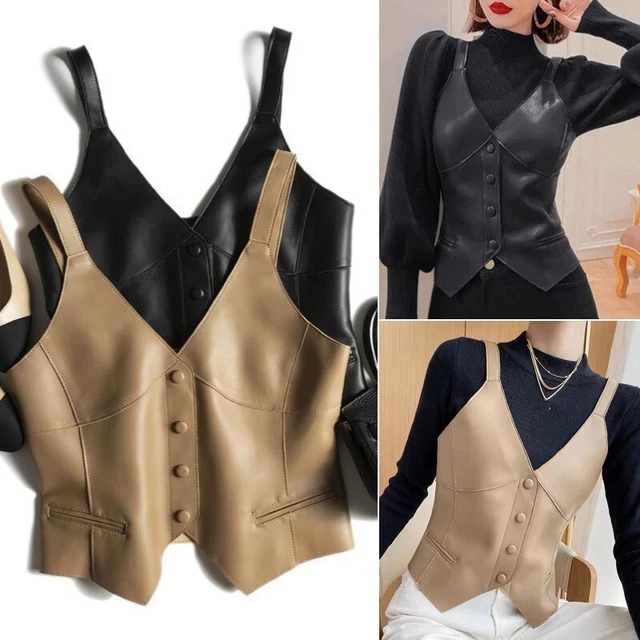 Femme Simili Cuir Caraco Débardeur Col V Spaghetti Bracelet Gilet