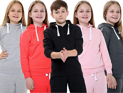 Unisex Boys Girls Plain Hooded Tracksuit Top Jogging Bottom School Full Suit