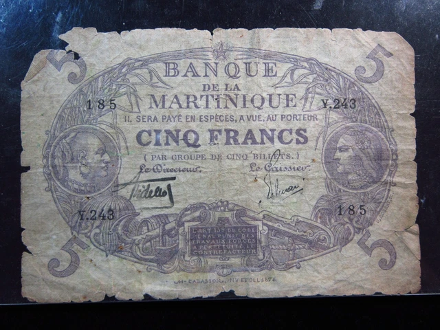 MARTINIQUE 5 Francs L. 1901 1934-1945 P6 Banque de la V243# MONEY