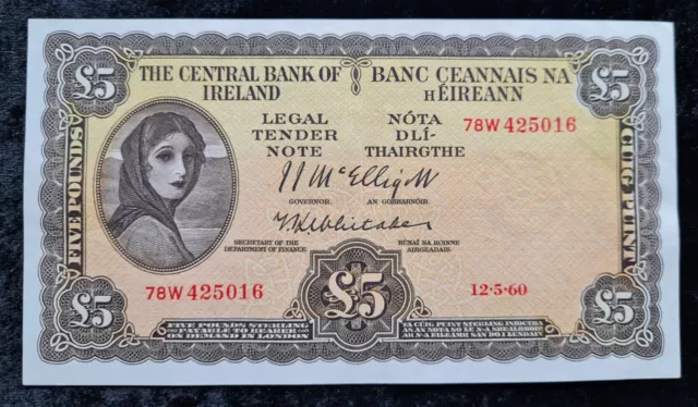 The Central Bank Of  Ireland 1960 Unc  £5 Lady Lavery (78W) Banknote