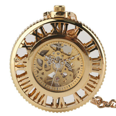 Mens Pocket Watch Mechanical Gold Dial Hollow Hands Chain Automatic Fob Chain