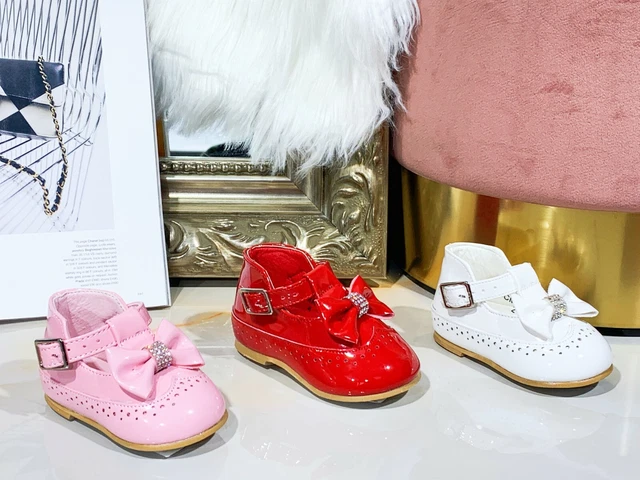 New Kids Infants Girls Bow Diamante Spanish Wedding Party Patent Toddler Shoes