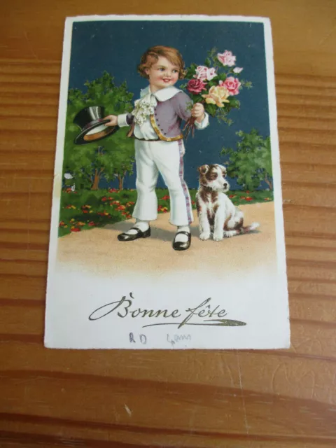 Carte Postale Cpa Fantaisie Jeune Garcon Au Bouquet De Fleurs Bonne Fête