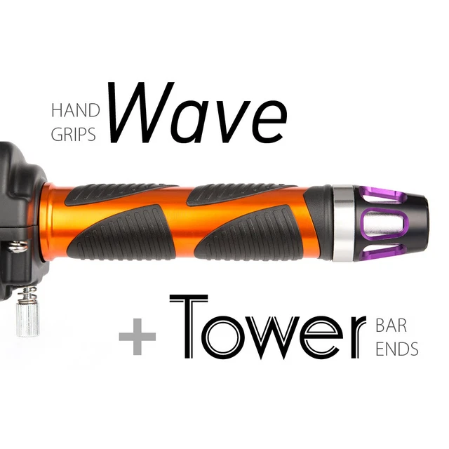 KiWAV Motorcycle Wave Grips Orange with Tower Bar Ends Purple/Silver