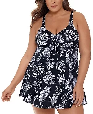 Swim Solutions ANIMAL PRINT SPOTTED LEAVES Plus Size Bow-Front Swimdress, US 16W