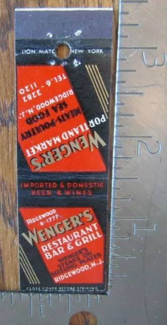 Ridgewood, New Jersey: Wenger's Bar (1934-43 Midget Matchbook Matchcover) -F18