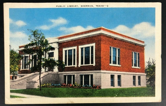 Sherman, Texas Postcard PUBLIC LIBRARY VTG Linen 30s 40s Kropp Co. Milwaukee Wi
