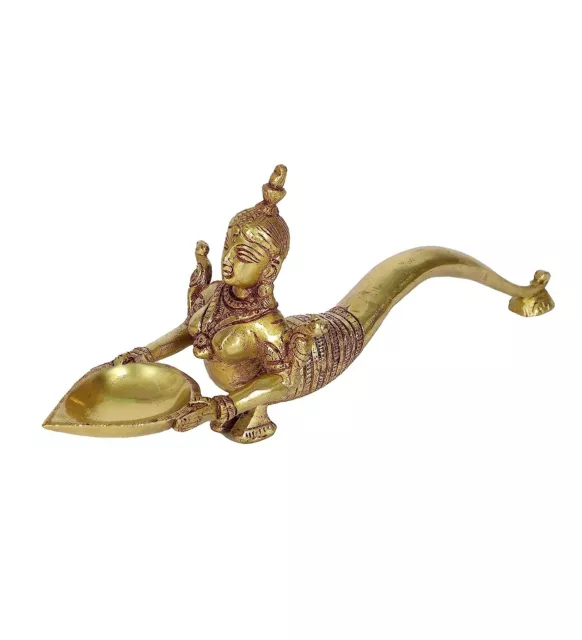 Mermaid Design Brass Aarti Diya Oil Lamp Pooja Spoon Figurine Showpiece