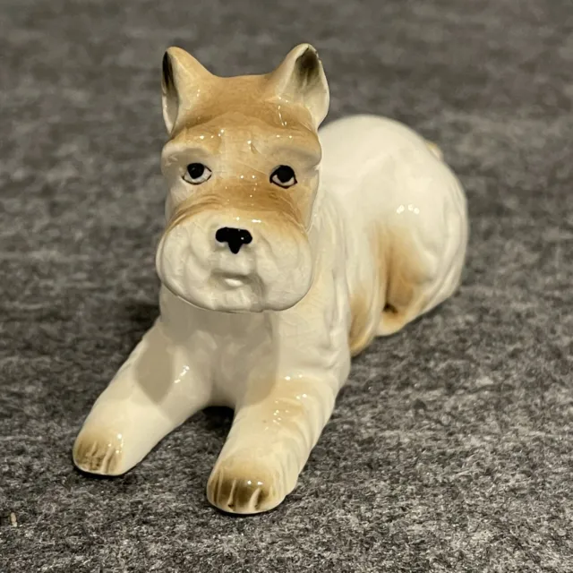 Vintage Ceramic Terrier Schnauzer Dog Figurine 3” Long 2” Tall White Light Brown
