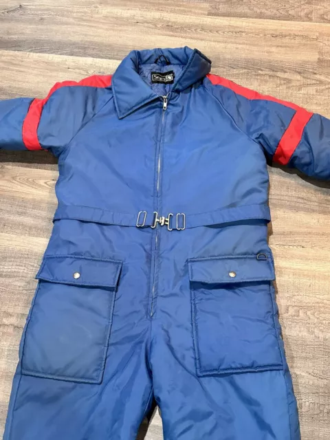 Vintage Sears Snowmobile Suit Belted Insulated Coveralls Blue Youth Size 18 2