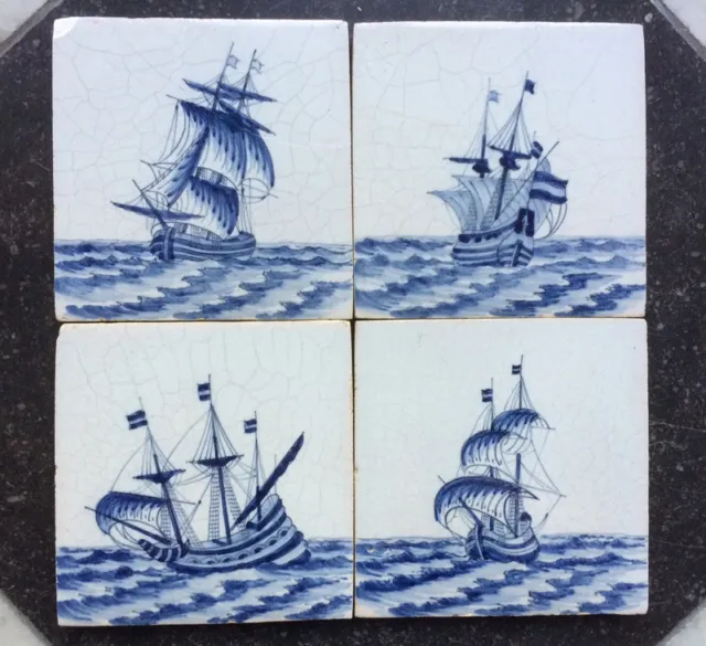 Antique Set of 4 Dutch Delft Tile Ship V.O.C. 19TH C.