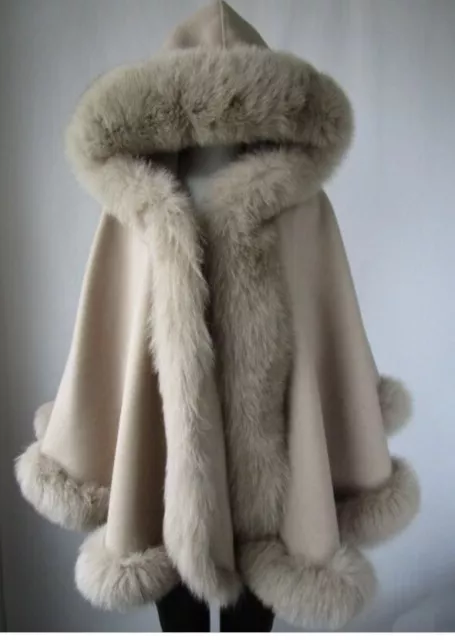 Women's Brand New Oatmeal Beige Cashmere Wool Wrap Cape with Fox Fur with HOOD