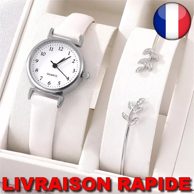 Montre Bracelet Luxe Cuir Femme Quartz Cadran Blanc Bijoux Cadeau Plume Feuille