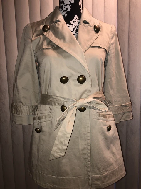 Kensie Khaki Style Tan Brass Button Belted Coat Jacket Small 3/4 Sleeve
