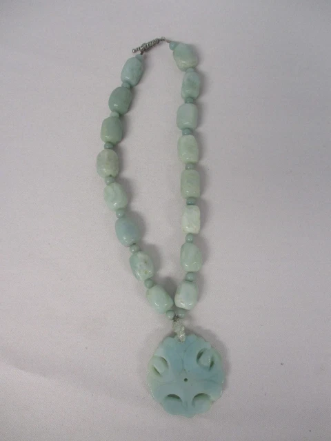 VINTAGE BLUE GREEN STONE BEAD NECKLACE with ASIAN CARVED PENDANT & SILVER TOGGLE
