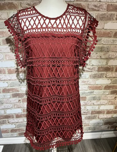 Tularosa Clayton Clay Red Short Sleeve Lace Tunic Mini Dress Size Small Pom Pom