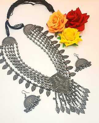 Ethnic Bollywood Style Design Silver Oxidized Choker Necklace Indian Jewelry Set