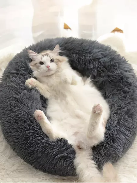 Donut Plush Pet Dog Cat Bed Fluffy Soft Warm Calming Bed Sleeping Kennel Nest