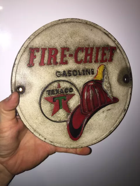 Texaco Gasoline Fireman Cast Iron Patina Plaque Sign Firefighter 9” Fire Chief