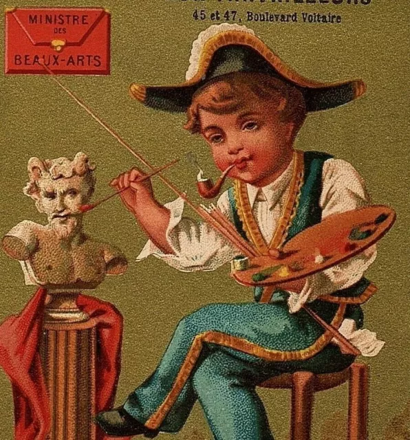 Aux Travailleurs Trade Card French Victorian Young Man In A Chair & Art Pallet