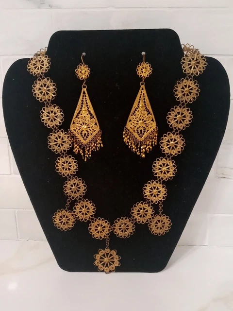 Vtg Antique Filigree Gold Tone Brass Necklace & Earrings Unsigned 1920s 1930s