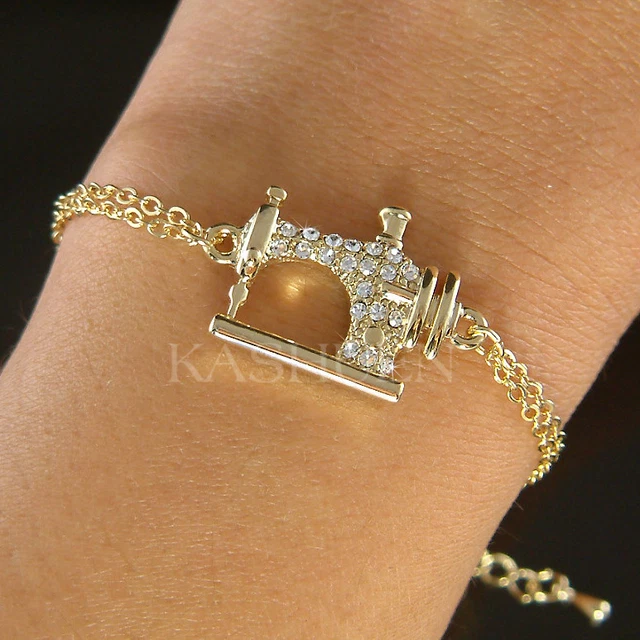 Vintage Optik Nähmaschine mit Swarovski Kristall Goldfarben Bettelarmband