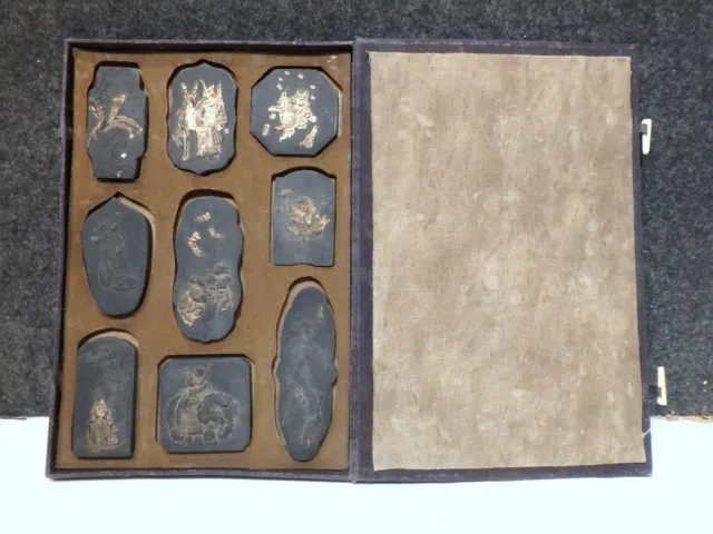 1880's BOX OF 9 AUSPICIOUS CHINESE CALLIGRAPHY INK CAKE SET BY ARTIST Mo Li