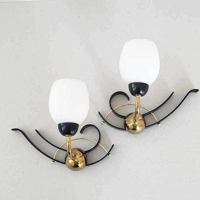 Paire D'appliques Vintage 1950 Acier Laiton & Verre 50S Rockabilly Dlg Arlus