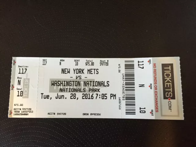 2016 Washington Nationals Vs New York Mets Ticket Stub 6/28 Bryce Harper Hr