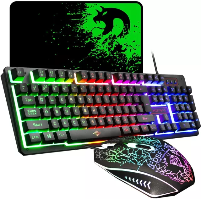 Gaming Tastatur Maus Combo kabelgebunden Regenbogen hintergrundbeleuchtet 2400DPI Mousepad für PC Laptop