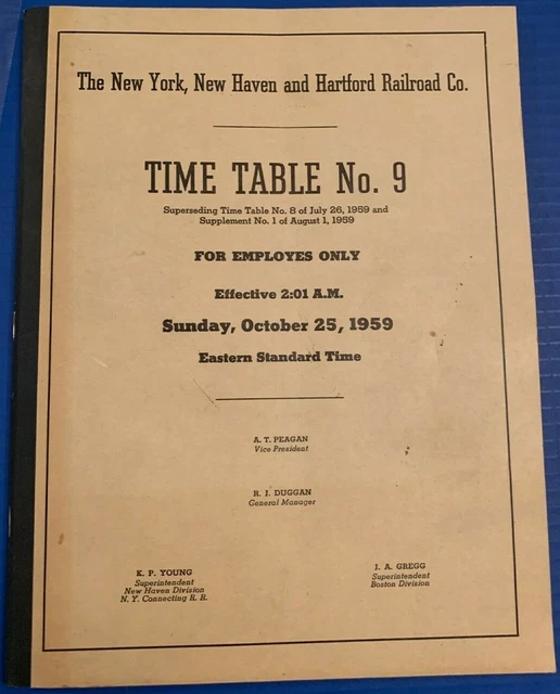 1959 New York, New Haven & Hartford Railroad Co. Employees Only Time Table #9