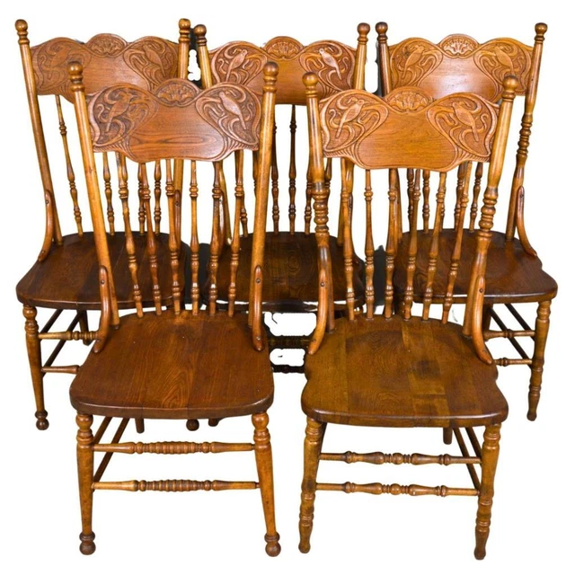 Antique Victorian Set of 5 Unusual Carved Chairs with Birds #21884