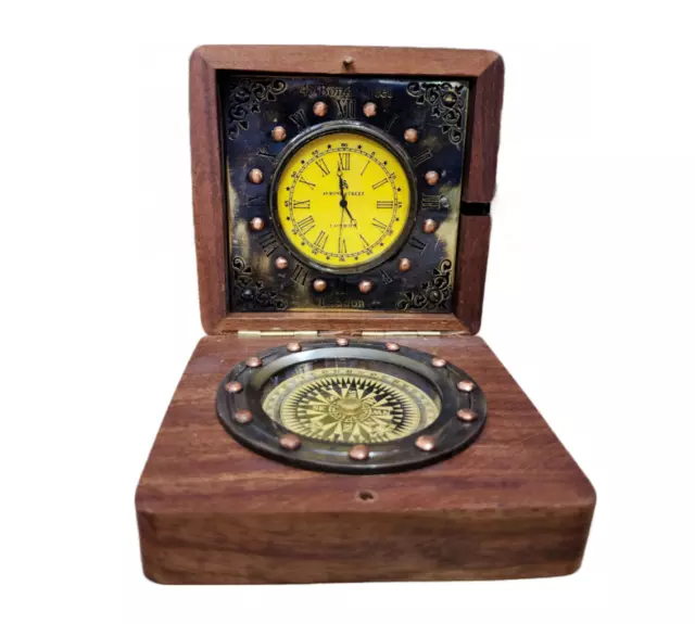 Clock Compass Brass Desk Antique Table Vintage Nautical Decor Base London Gift