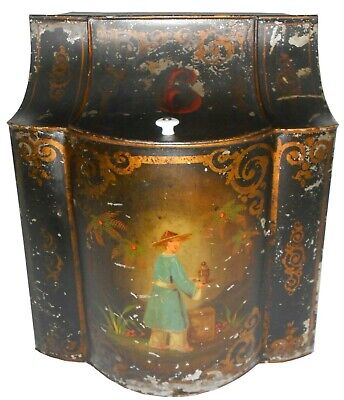 Scarce 19Th C Chinese Antique Painted Tin Toleware Tea Storge Bin, W/Tea Server 2