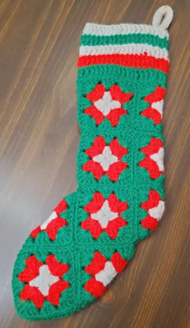 Vintage Christmas Stocking Granny Squares Hand Crocheted Red Green White 14.5"