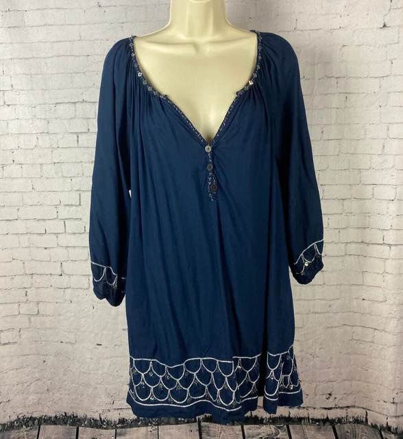 Krista Lee Dress XL Women's Navy Blue Embellished Beaded V-Neck Rayon (AAA)